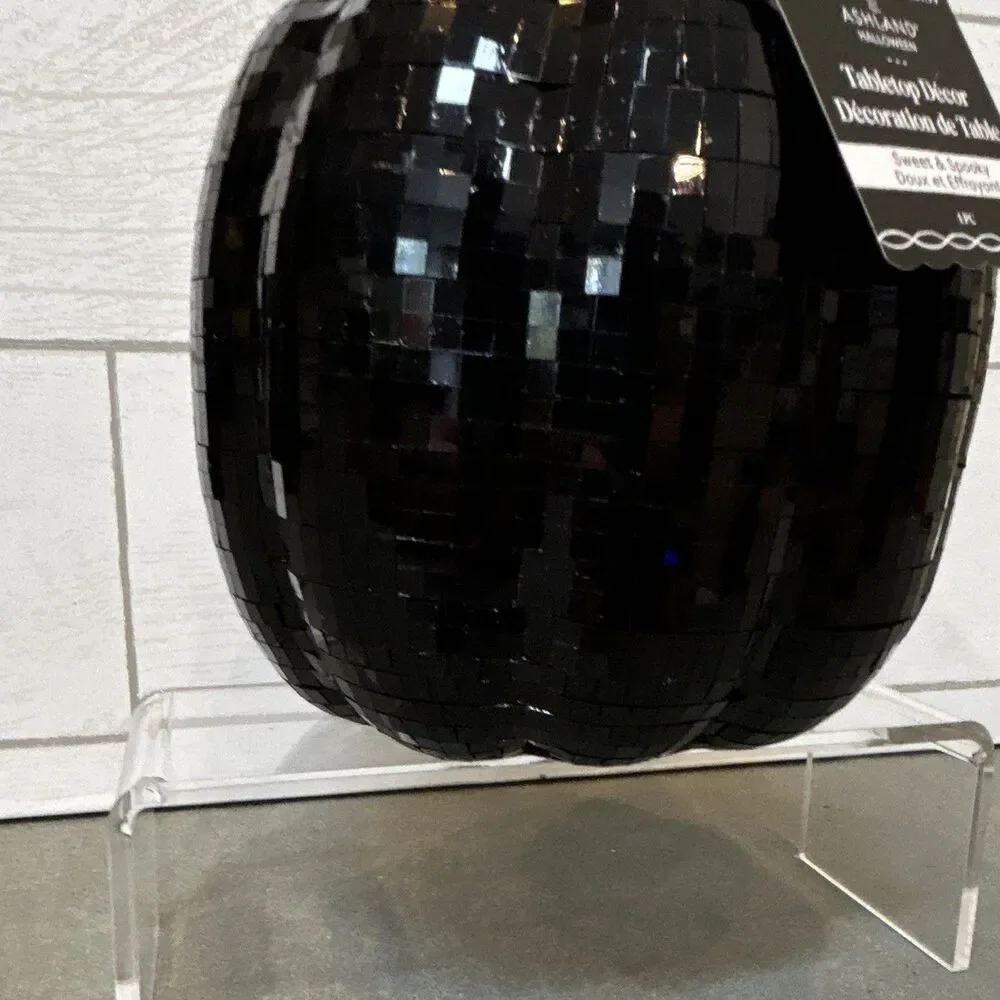 Ashland Halloween Black Glass Mosaic Pumpkin Tabletop Decor 8 in